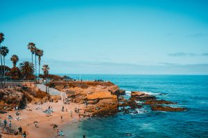 San Diego shoreline with cliffs and people on the beach.
